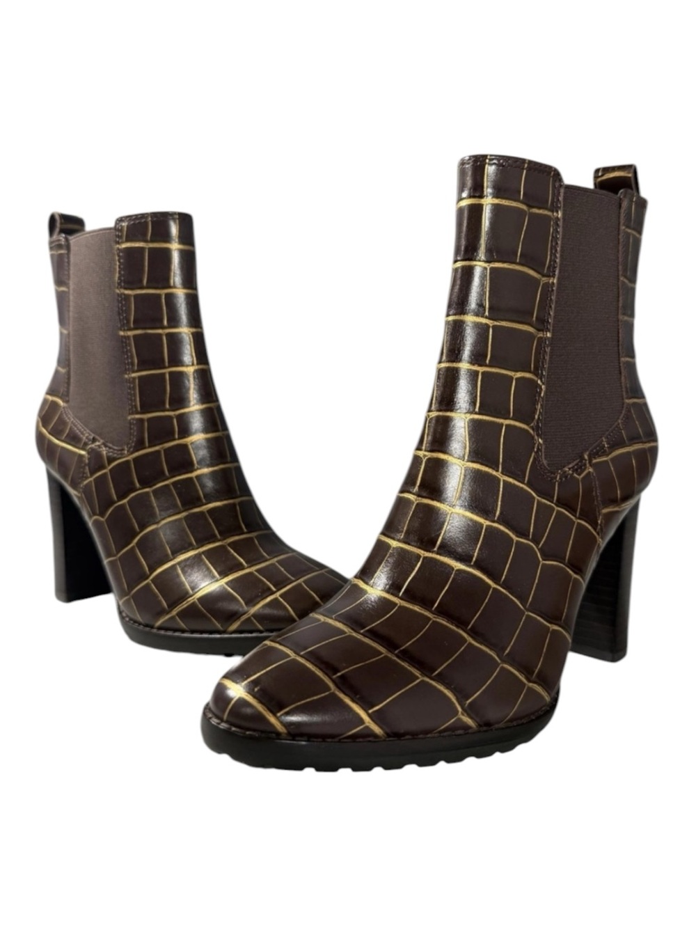Lauren Ralph Lauren Brown Croc-Embossed Chelsea Booties with Gold Accents
